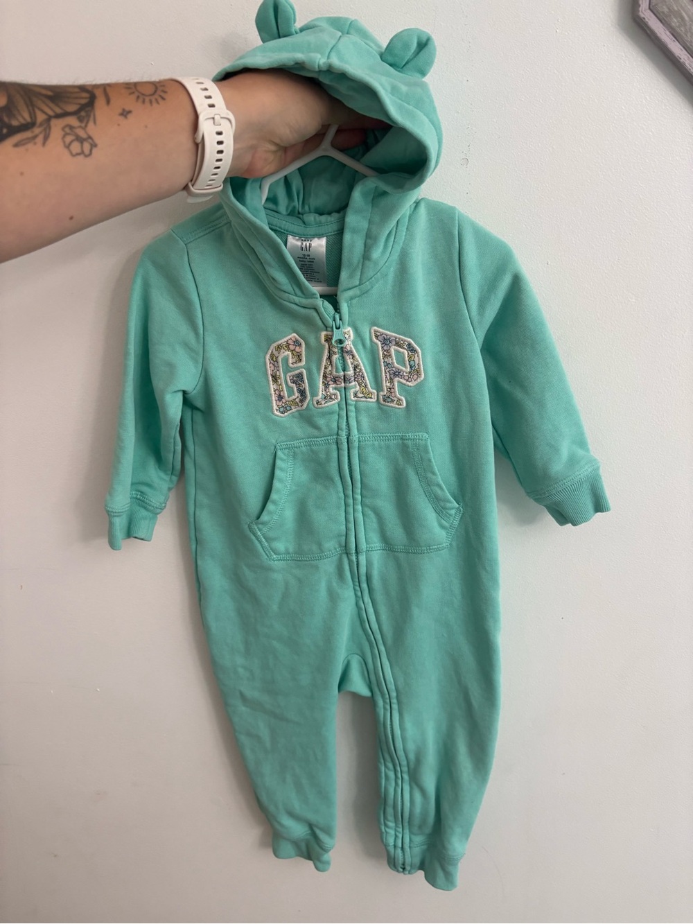 GAP Mint Green Hooded Baby Romper with Ear Hood floral 12-18 months